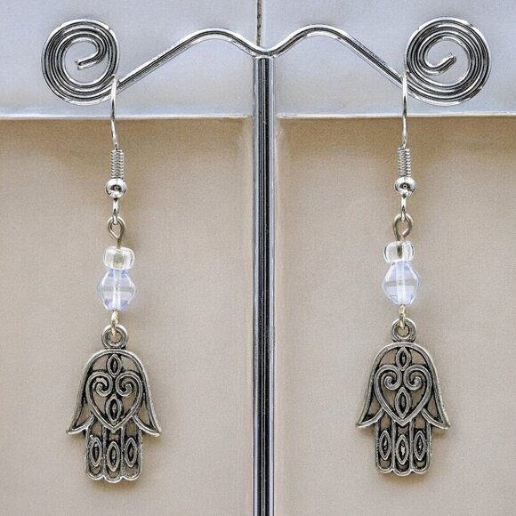 Handmade Hamsa Earrings with Blue Crystal - Picture 3 of 4